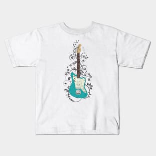 Teal Offset Style Electric Guitar Flowering Vines Kids T-Shirt